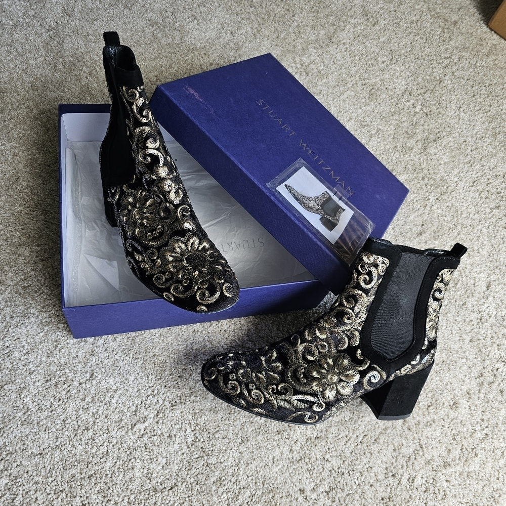 Stuart Weitzman Mediate Black Radiant Velvet Gold Sequins bootie Size 10 - Picture 6 of 17
